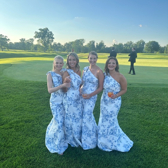 Blue and white floral Alfred sung floor length gown - Picture 3 of 4